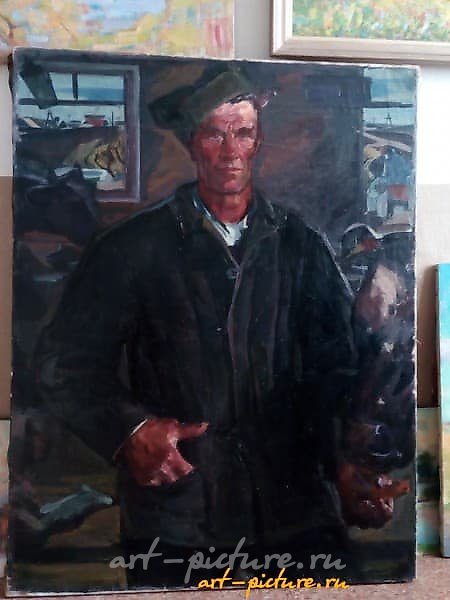 The translation of the text is: "Skotnik Makarov, knight of the Order of Labor Glory, canvas, oil."