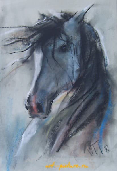 The translation of "Голова лошади пастель, бумага" into English is "Horse head pastel, paper."