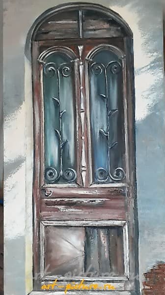 The translation of the text is: "Old Door in Tbilisi, Oil, canvas on stretcher."