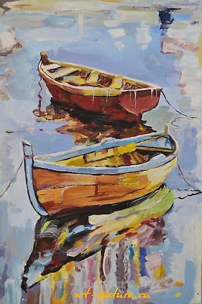 The translation of the text "лодки темпера, холст на картоне" into English is "boats tempera, canvas on cardboard."