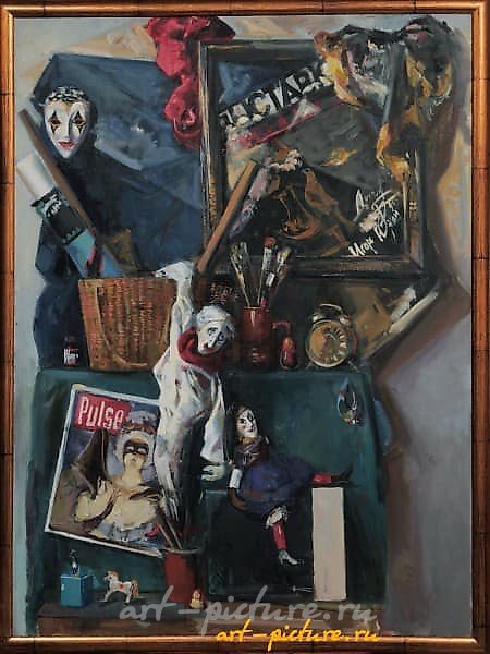 The translation of the text is: "Still Life with Dolls, canvas, oil."