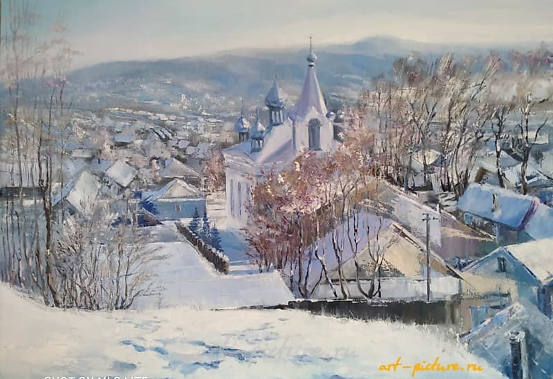 The translation of the text "Церковь Масло, холст" into English is "Church Oil, canvas."