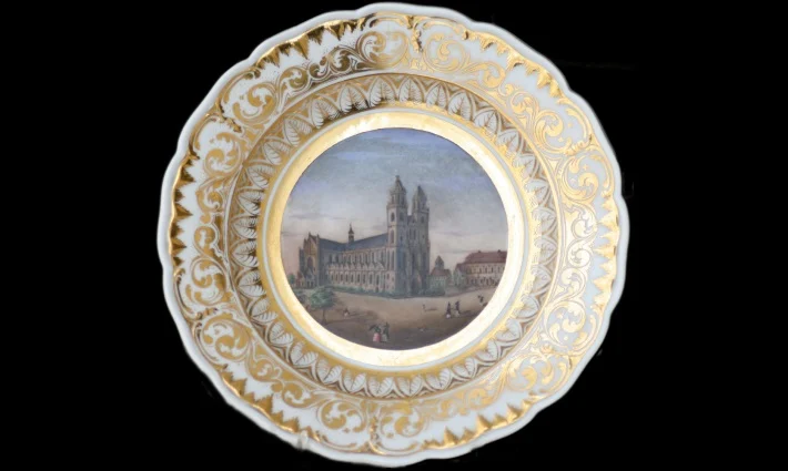 KPM porcelain plate with veduta of Magdeburg Cathedral, c. 1844