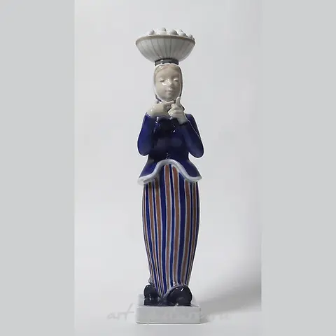 A woman with a basket of eggs on her head. Denmark, Copenhagen, Royal Copenhagen.