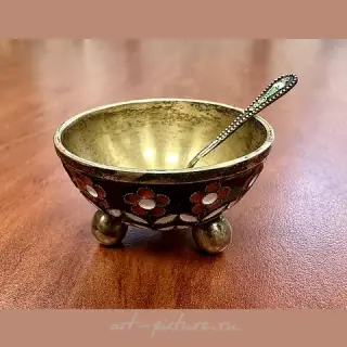 盐罐带勺子，珐琅，镀金