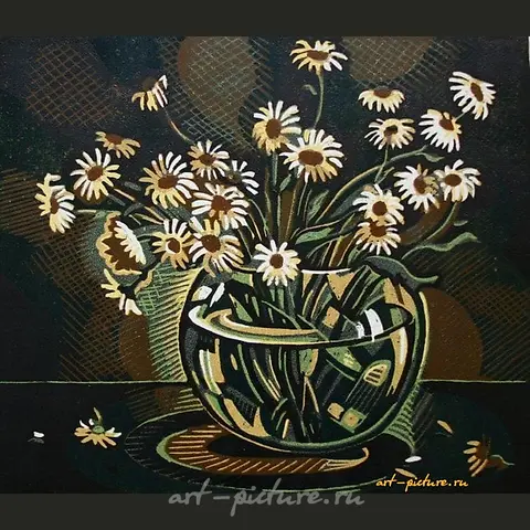 雏菊。彩色木刻版画。42×50厘米