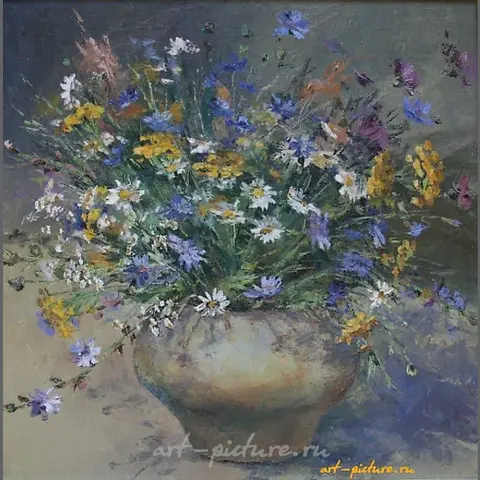 田野花卉。蓍草。画布，油画。50 x 50 厘米。