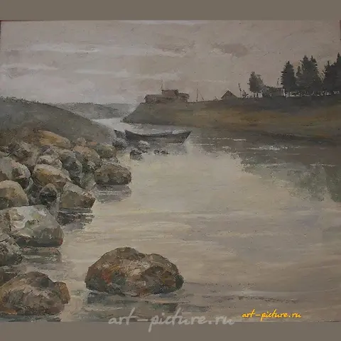 在河边。画布，油画。42 x 68 厘米。