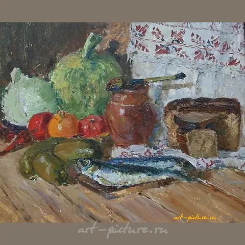 Still Life with Herring. Cardboard, oil. 46 x 56 cm.