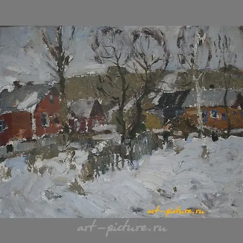 The village of Astrogany. End of winter. Cardboard, oil. 40 x 50 cm.