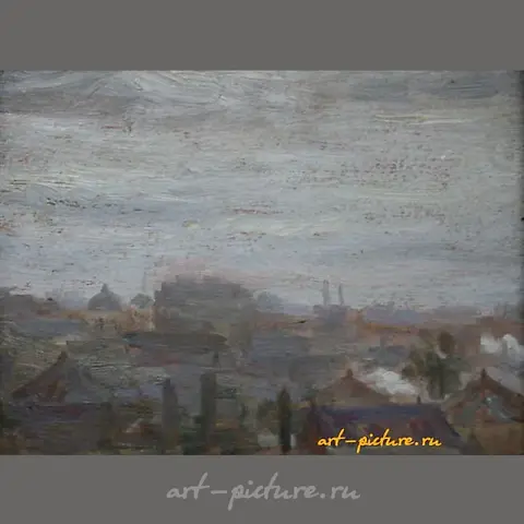 "At Stalin's Factory. Cardboard, oil. 23 x 30 cm"