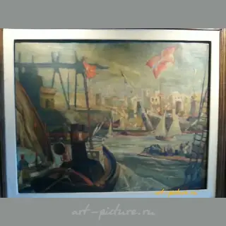 The translation of the text "Порт в черном море масло холст" into English is "Port in the Black Sea oil on canvas."