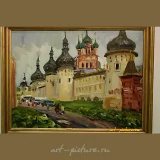 The translation of "Ростов Великий холст,, масло" into English is "Rostov Veliky canvas, oil (painting)."