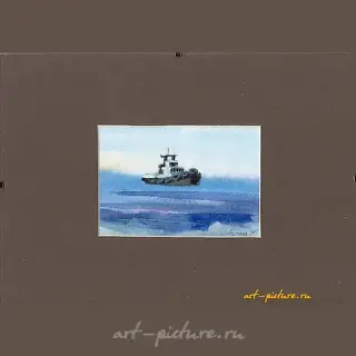 The translation of "КОРАБЛИК акварель" into English is "Little Ship watercolor."
