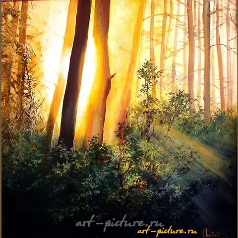 The text translates to "Awakening forest oil, canvas" in English.