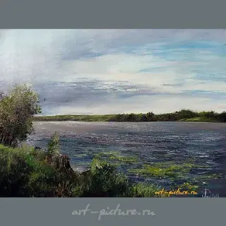 The translation of the text is: "Plesk. Green bank, oil, canvas."