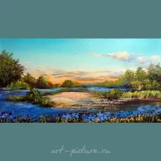 "Blue field oil, canvas."