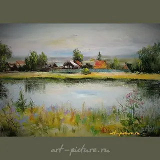 The translation of "В спокойном течении масло, холст" into English is "In calm flow, oil, canvas."