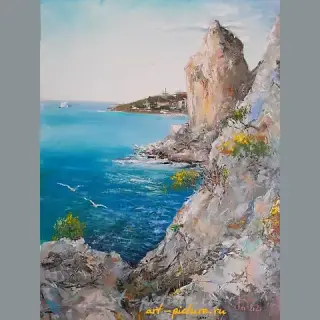The translation of "Вид на скалу Лебедь масло, холст" into English is "View of the Swan Rock oil on canvas."