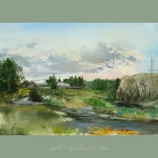 The translation of the text "Речка Дарья масло, холст" into English is "River Darya oil, canvas."