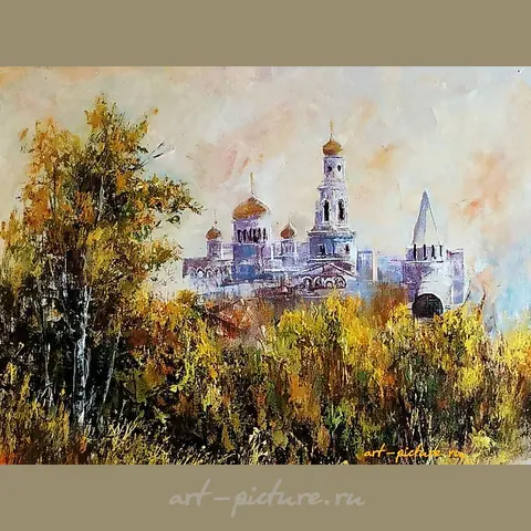 The translation of the text is: "Panorama of the Kremlin, oil on canvas."