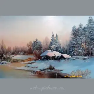 The translation of the text "Хозяйство лесника масло, холст" into English is "The forest ranger's farm oil, canvas."