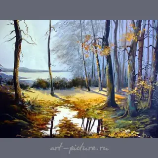 The translation of "Осенняя дубрава масло, холст" into English is "Autumn Oak Grove oil on canvas."