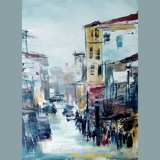 The translation of the text "Город Р акрил,холст" into English is "City R acrylic, canvas."