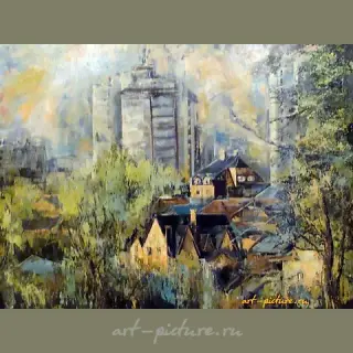 The translation of the text is: "View of high-rise buildings, oil, canvas."