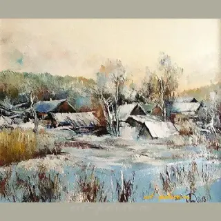 The translation of the text is: "Rural landscape oil on canvas."