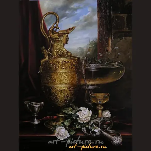 Still life with a golden vase, canvas/oil