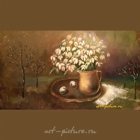 The translation of "Подснежники холст/масло" into English is "Snowdrops canvas/oil."
