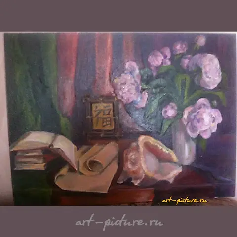 The translation of the text "Приглашение счастья масло, холст" into English is "Invitation of Happiness oil, canvas."