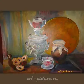 The text translates to: "Samovar with bagels, oil on cardboard."