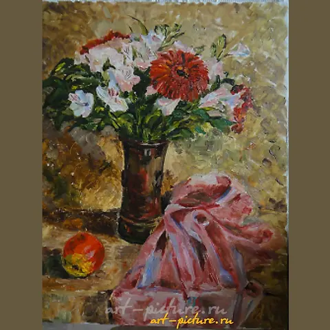 The translation of the text is: "Bouquet with gerberas, oil, canvas on cardboard."