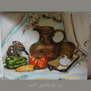 The translation of the text is: "Still life, rural oil on canvas."
