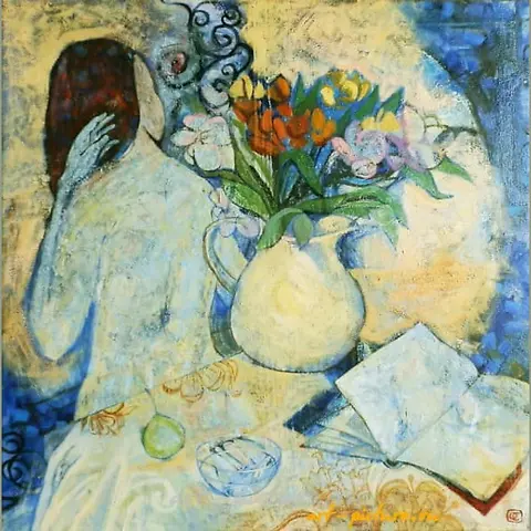 The translation of "Белый вечер масло, холст" into English is "White Evening oil on canvas."