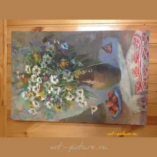 The translation of the text "Букет Масло, холст" into English is "Bouquet Oil, canvas."