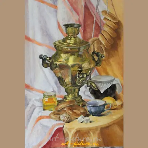 "Tea still life, oil on canvas"