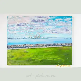 The translation of the text is: "View of Melbourne, oil on canvas."