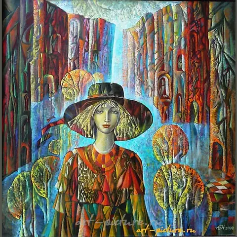 The translation of "Городская прогулка х.м." into English is "City Walk, mixed media."