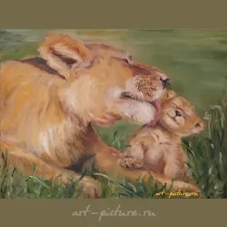 The translation of the text is: "Lioness with a Lion Cub oil on canvas."