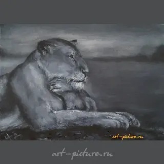 Black and white (lioness and lion cub) oil on canvas.