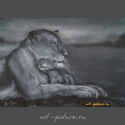 Black and white (lioness and lion cub) oil on canvas.