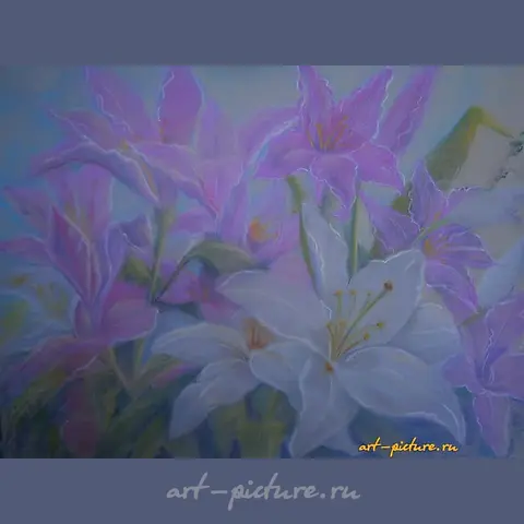 "Lilies, pastel, paper."