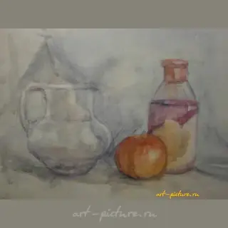 "Still life with a pitcher, paper, watercolor."