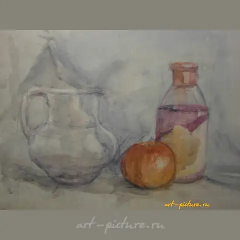"Still life with a pitcher, paper, watercolor."