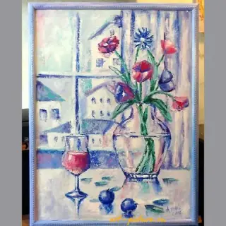 窗边的春天静物油画，画布