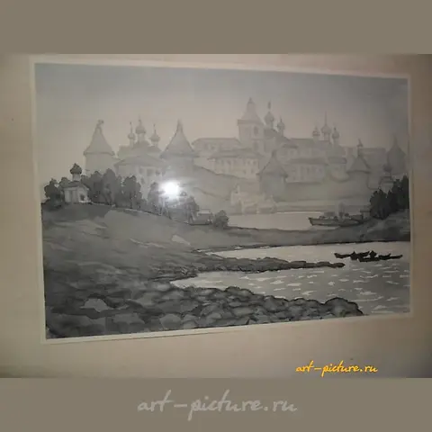 The text translates to: "Drawing from the series 'Solovetsky Monastery. View from the Bay of Good Fortune' paper, watercolor. Glass, mat."