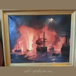 The translation of "Чесменский бой Масло холст" into English is "Chesme Battle Oil on canvas."